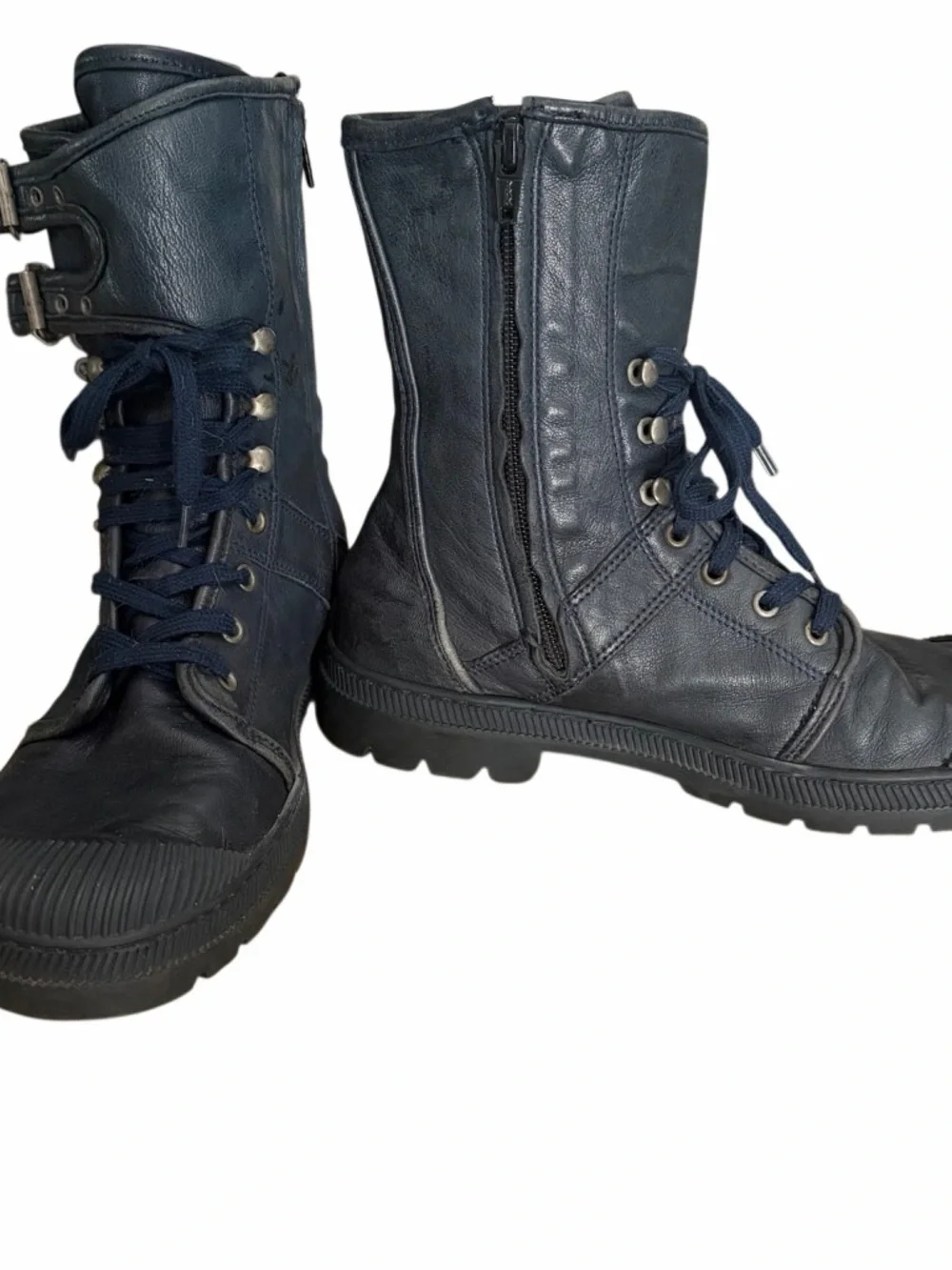 Pataugas black leather moto style buckle boots, side zip, lace up , sz 38/5/7.5.